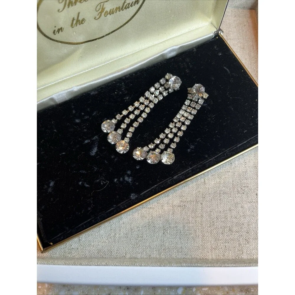 Pierced 3” Long Rhinestone Dangly Earrings